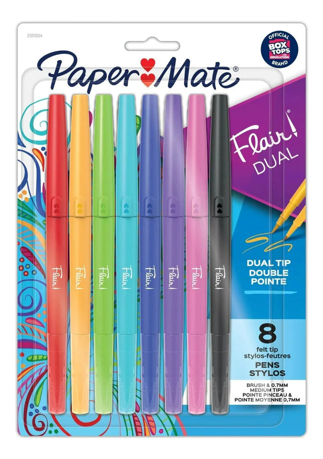 Ocho plumígrafos Paper Mate Flair scented surtidos con punta media 0,7 mm, cuerpo colorido y fragancias suaves.


