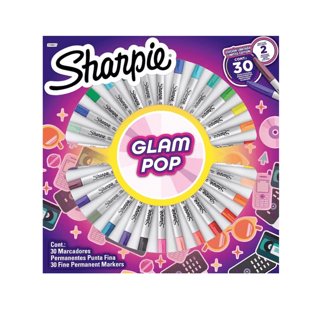 Set de 30 marcadores permanentes Sharpie Glam Pop con punta fina y colores vibrantes, organizados en estuche.

