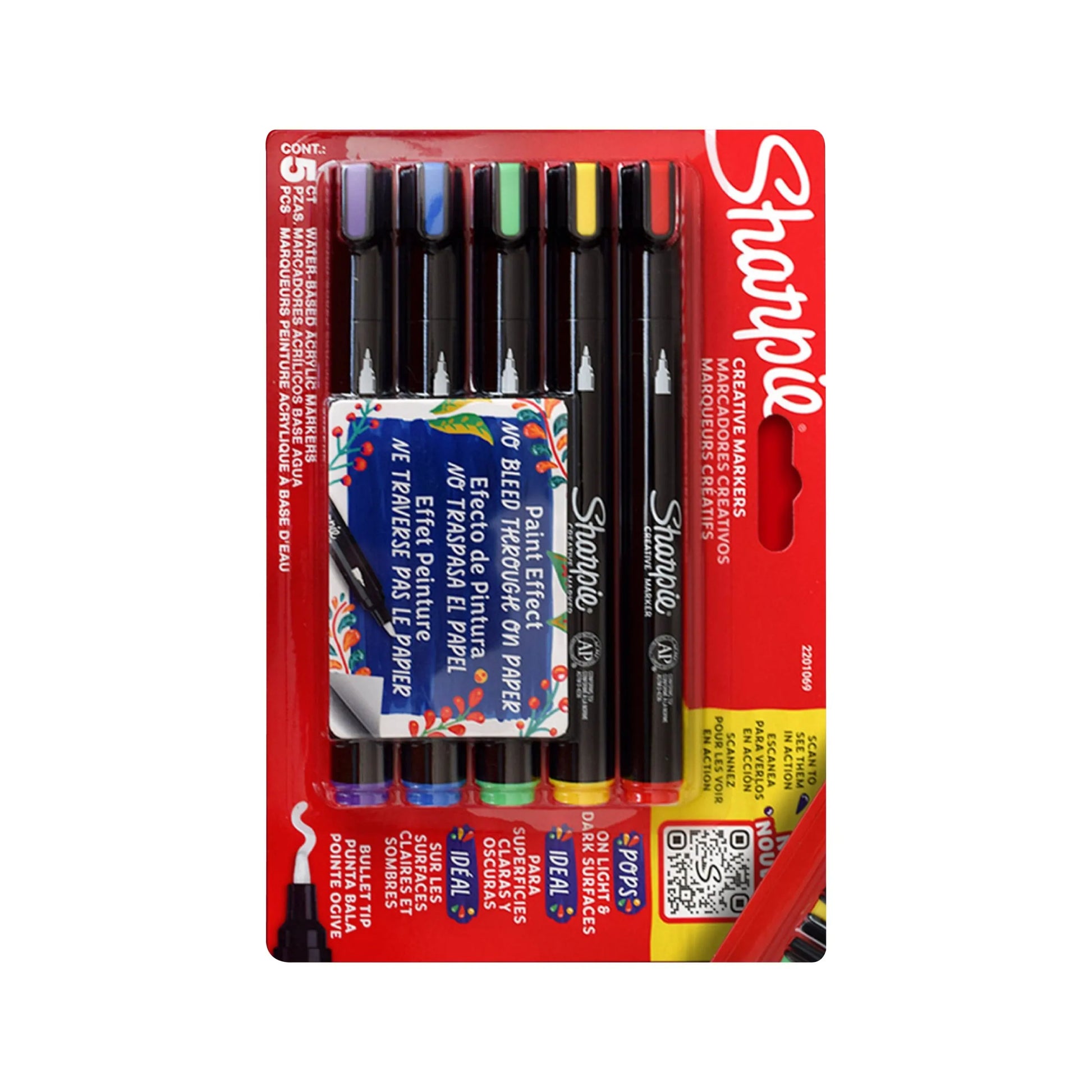 Cinco marcadores Sharpie acrílicos punta pincel en colores surtidos (rojo, amarillo, verde, azul, morado) alineados sobre fondo blanco.