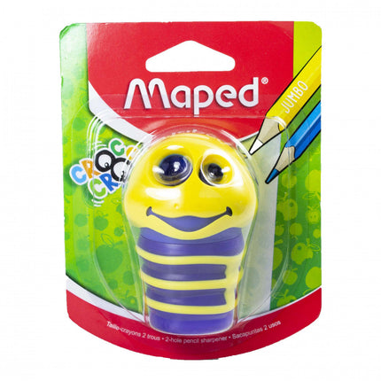Sacapuntas Maped Oruga con 2 orificios, cuerpo ergonómico con curvas y depósito integrado, en colores variados.