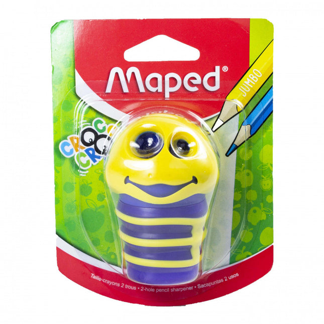 Sacapuntas Maped Oruga con 2 orificios, cuerpo ergonómico con curvas y depósito integrado, en colores variados.