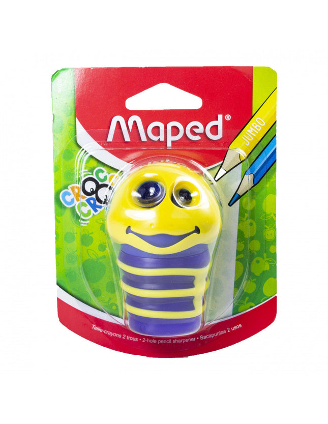 Sacapuntas Maped Oruga con 2 orificios, cuerpo ergonómico con curvas y depósito integrado, en colores variados.