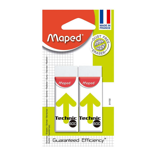 Paquete con 2 borradores rectangulares Maped Technic 600 en color blanco con funda protectora.