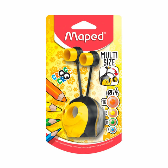 Empaque Sacapuntas Maped Abeja con 2 orificios y depósito, diseño infantil divertido para lápices estándar y jumbo.
