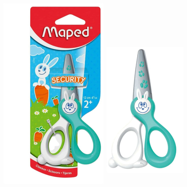 Tijera de seguridad infantil Maped con hojas de plástico y puntas redondeadas, diseño ergonómico y colores variados.