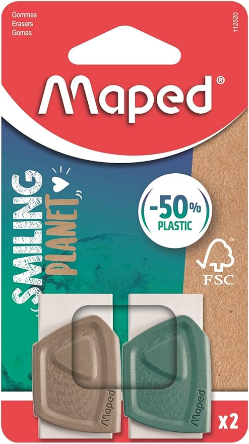 Paquete de 2 borradores Smiling Planet Maped, diseño ecológico en color blanco con envoltura verde y cafe