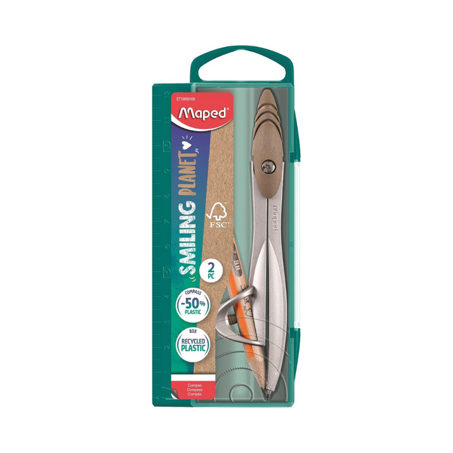 Compás de lápiz Maped Smiling Planet fabricado en plástico reciclado, resistente y ligero, ideal para estudiantes y uso escolar.