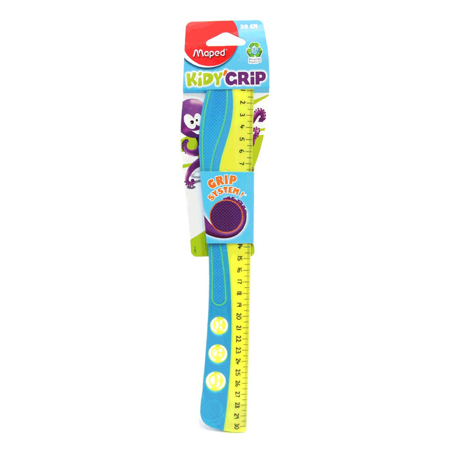 Regla plástica Maped Kidy Grip de 30 cm con superficie antideslizante, bordes redondeados y diseño infantil seguro.
