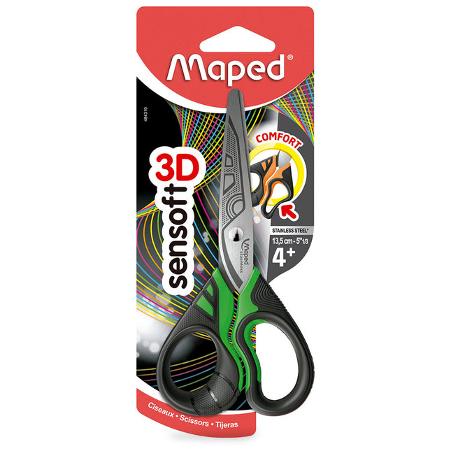 Tijeras Maped Sensoft Fluo de 13 cm con hojas de acero inoxidable y mangos ergonómicos recubiertos en goma de colores fluo.