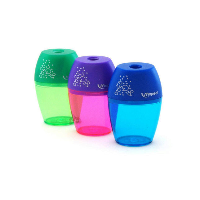 Sacapuntas Maped con depósito y un orificio, práctico para lápices escolares de grafito o color.