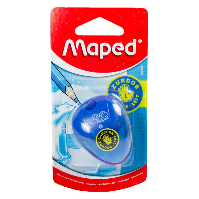 Sacapuntas Maped I-Gloo un orificio con depósito transparente y cuerpo colorido, diseño compacto para uso escolar.