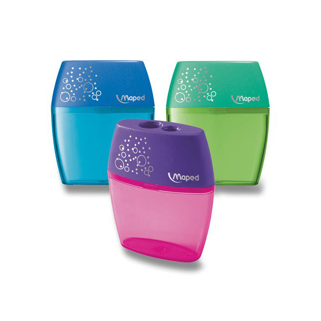Sacapuntas Maped con depósito de 2 orificios para lápices estándar y jumbo, práctico y limpio para uso escolar y creativo.
