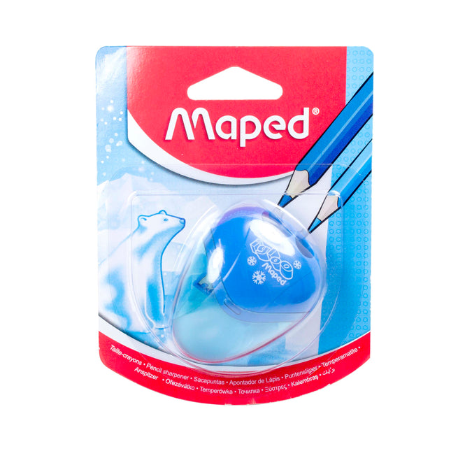 Sacapuntas Maped Igloo de 2 orificios con depósito transparente y cuerpo colorido, apto para lápices estándar y jumbo.