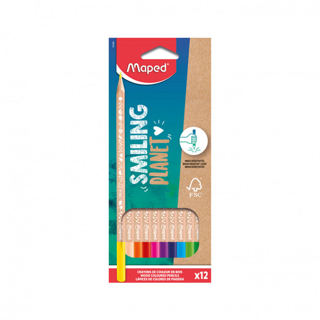 Caja de 12 lápices de colores Smiling Planet Maped, madera FSC y minas resistentes, diseño ecológico.