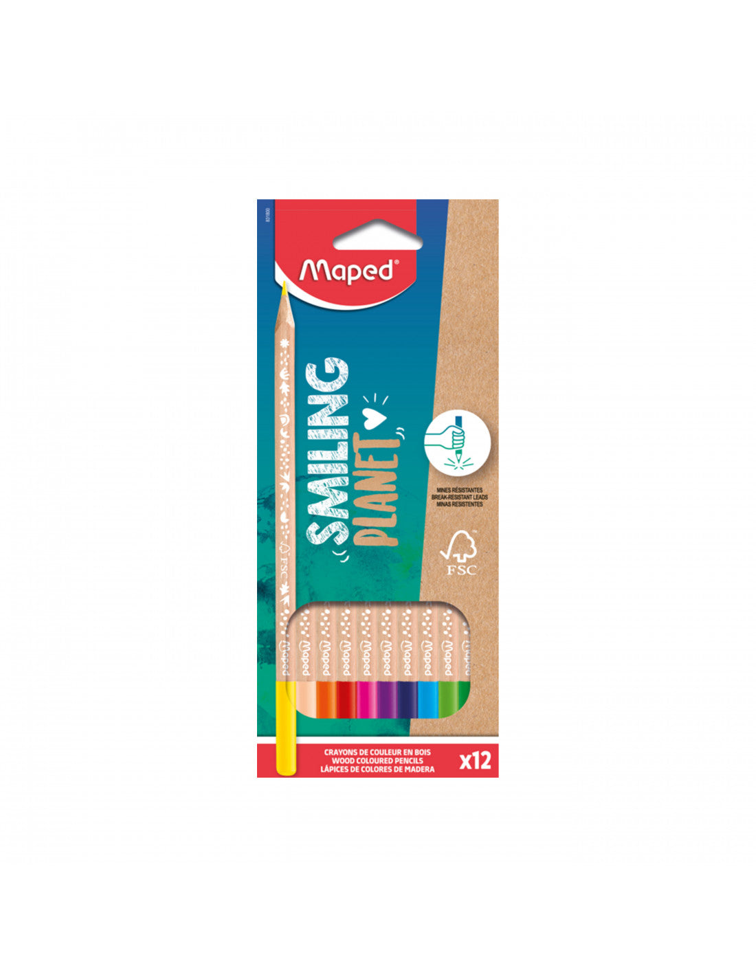 Caja de 12 lápices de colores Smiling Planet Maped, madera FSC y minas resistentes, diseño ecológico.