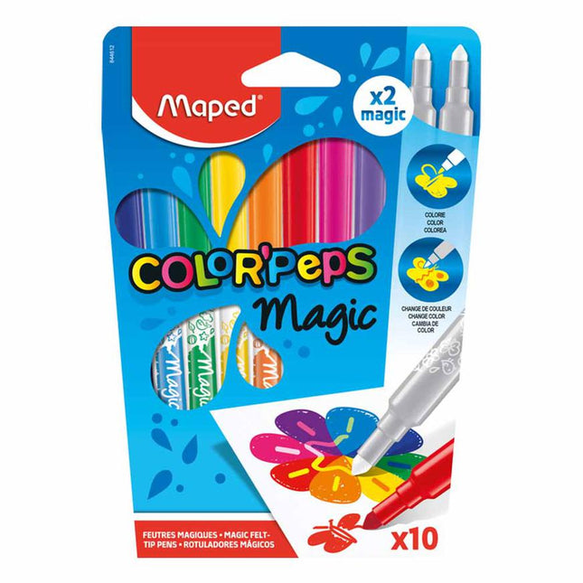 Set de 10 plumones mágicos Maped con 9 colores intensos y 1 plumón transformador que cambia los tonos al pintar.