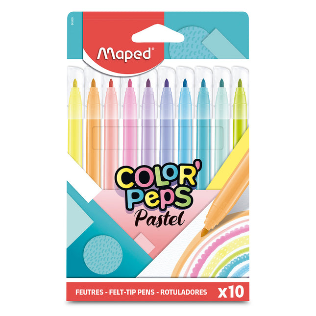 Set de 10 plumones lavables Maped en colores pastel con punta media resistente y tinta de fácil limpieza para piel y telas.