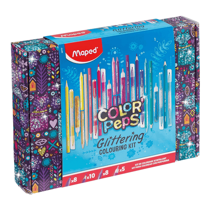 Set de arte Maped Color’Peps Glittering con lápices, marcadores, crayones y glitters en caja brillante reutilizable.