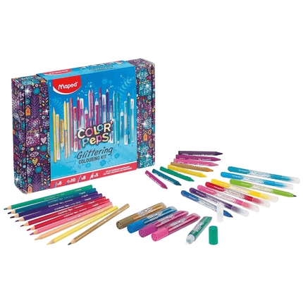 Set de arte Maped Color’Peps Glittering con lápices, marcadores, crayones y glitters en caja brillante reutilizable.