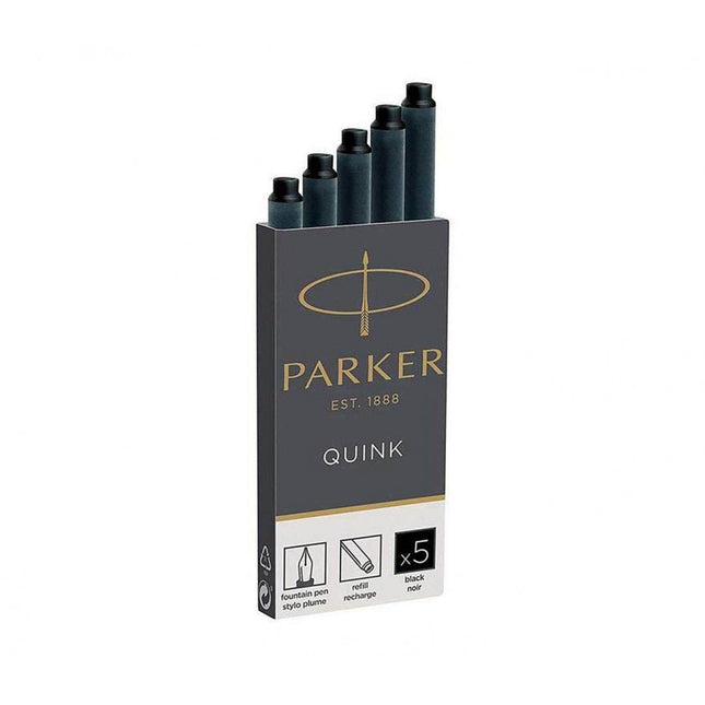 Pack de cinco cartuchos de tinta negra Parker Quink para pluma fuente, con puntas visibles y etiqueta negra.

