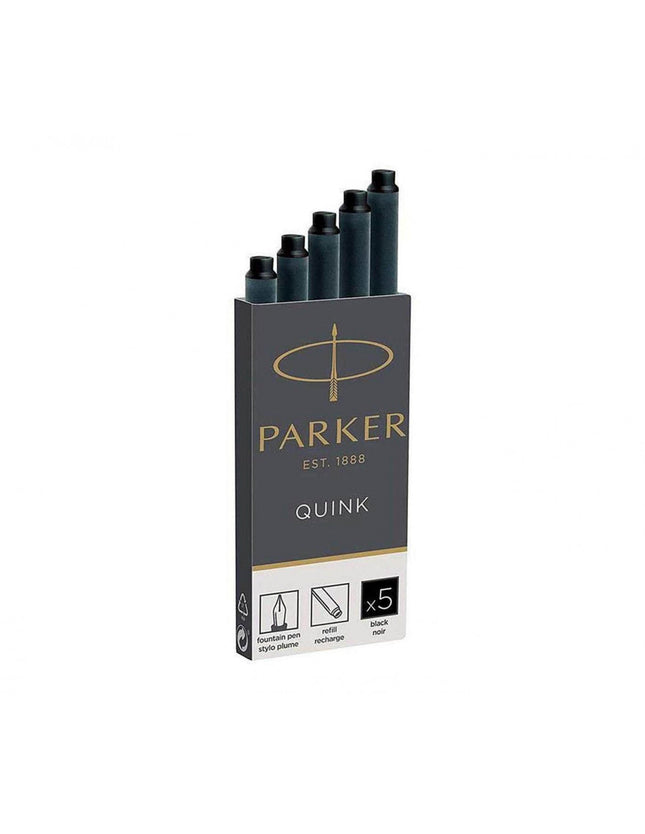 Pack de cinco cartuchos de tinta negra Parker Quink para pluma fuente, con puntas visibles y etiqueta negra.

