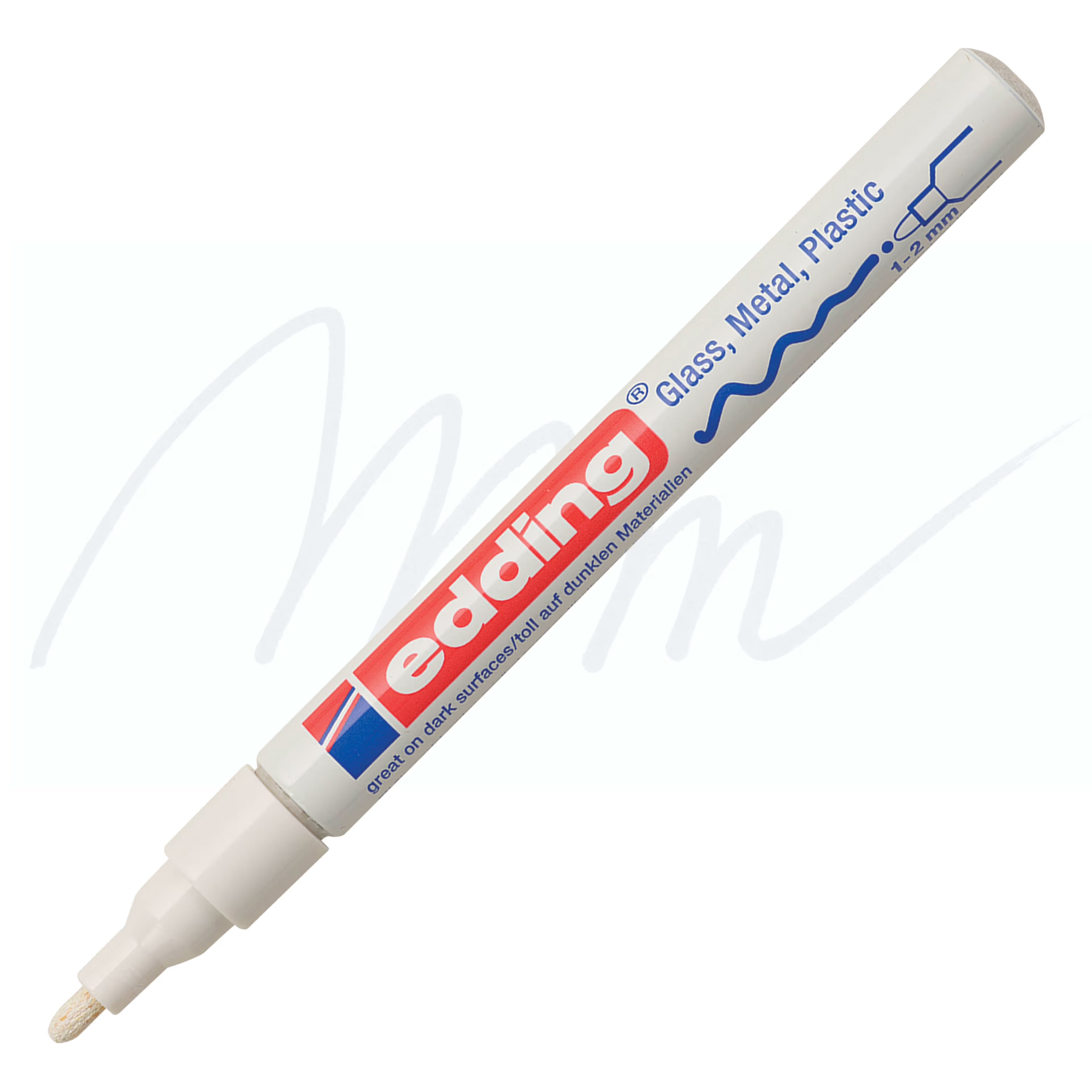 Marcador metálico blanco Edding con punta fina de 1-2 mm, ideal para detalles decorativos en fondos oscuros o contrastantes.