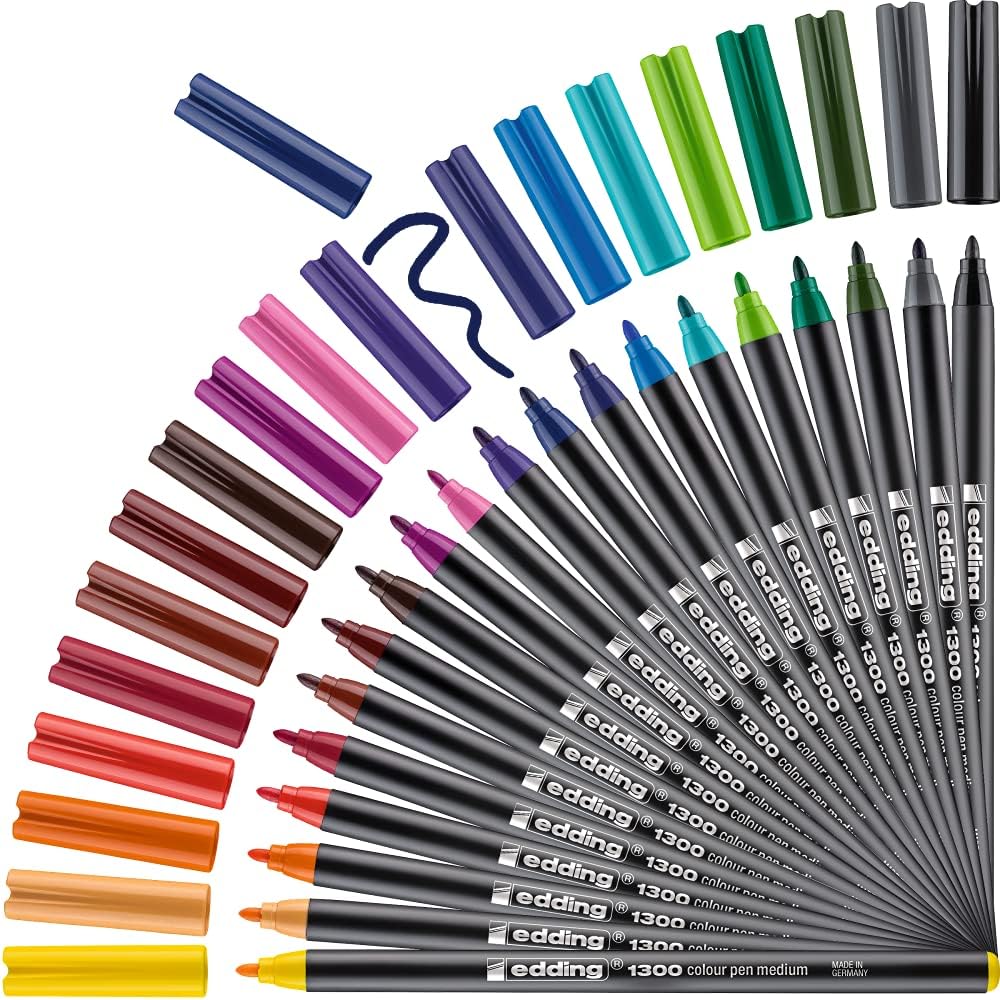 Set de 20 marcadores Edding punta fina surtidos con trazo de 0,5 mm y colores vibrantes, ideales para escritura y dibujo creativo.