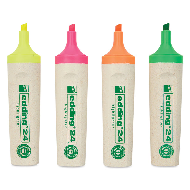 Set de 4 resaltadores Edding Ecoline en colores amarillo, rosa, verde y naranja, con punta biselada y diseño sostenible.