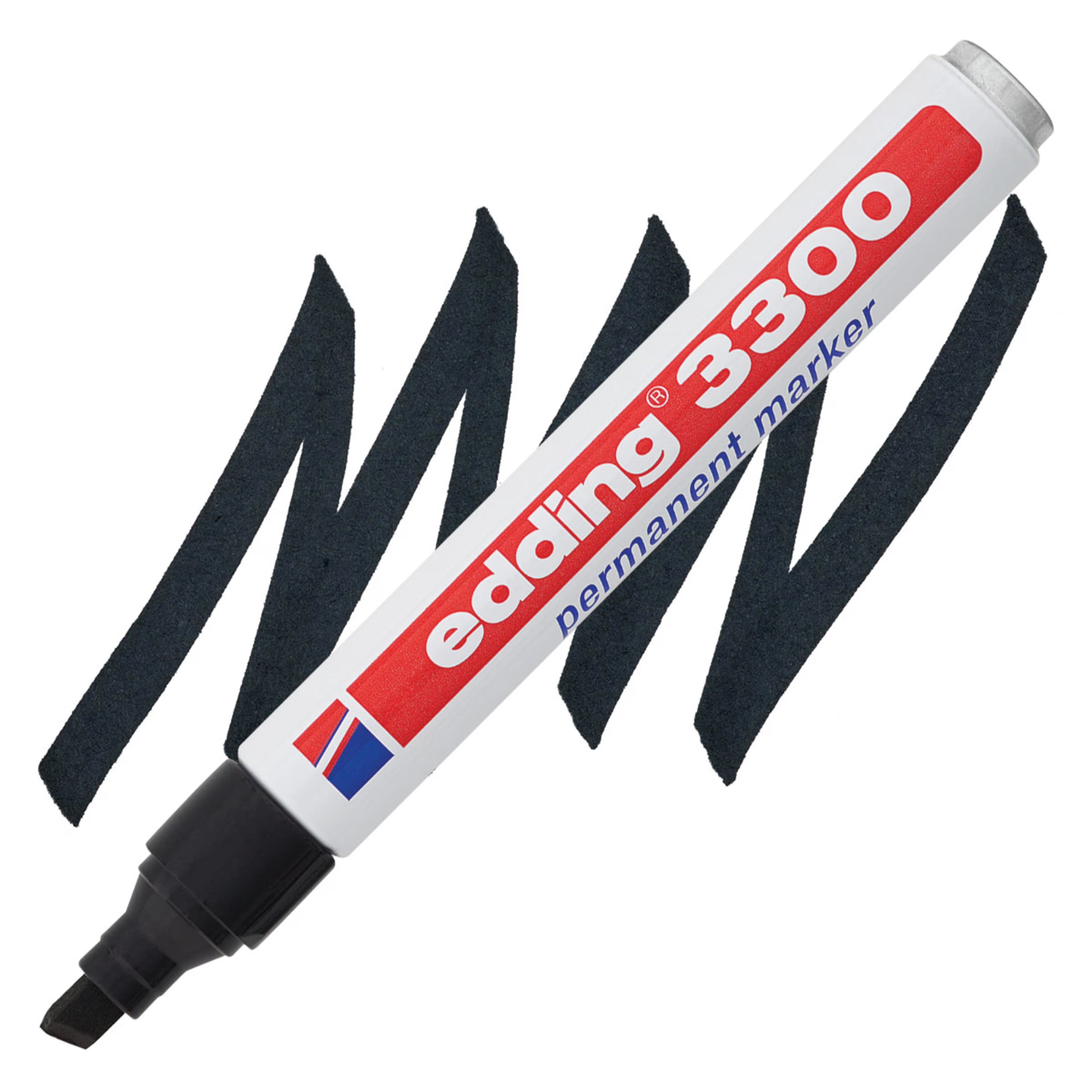 Marcador permanente Edding negro con punta biselada de 1–5 mm, cuerpo ergonómico y tinta resistente para múltiples superficies.