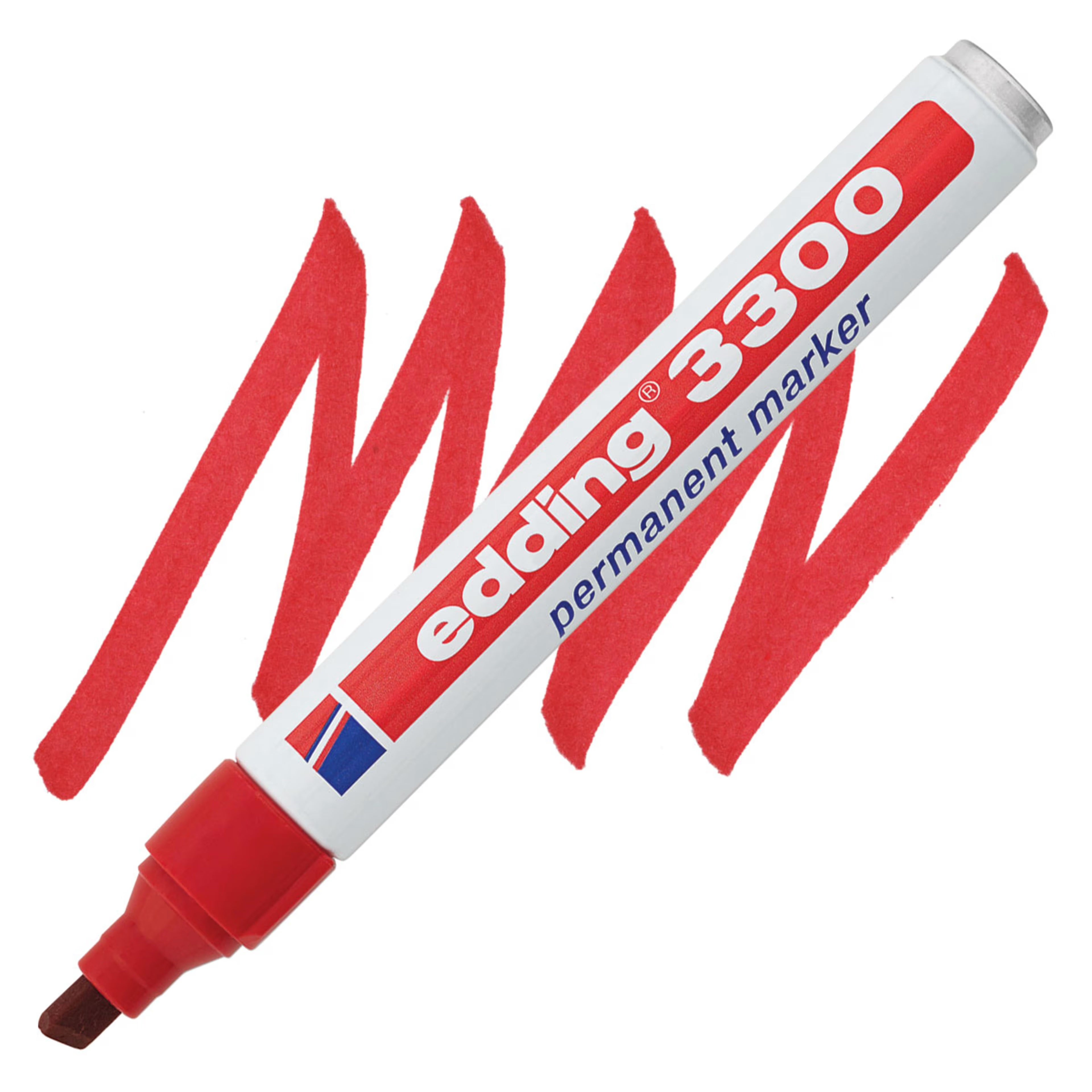 Marcador permanente Edding rojo con punta biselada de 1–5 mm, cuerpo ergonómico y tinta resistente para múltiples superficies.