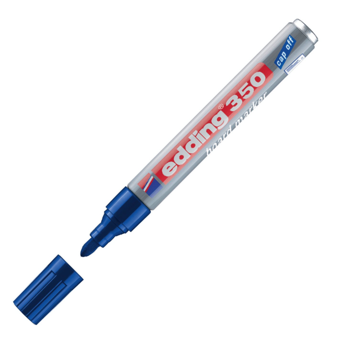 Marcador Edding 350 punta cónica azul recargable, borrable en seco, ideal para escribir en pizarras blancas en oficina, escuela y hogar.