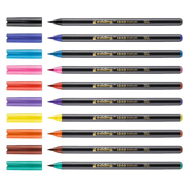 Set de 10 marcadores Edding punta pincel con colores vibrantes, ideales para lettering, ilustración y manualidades creativas.