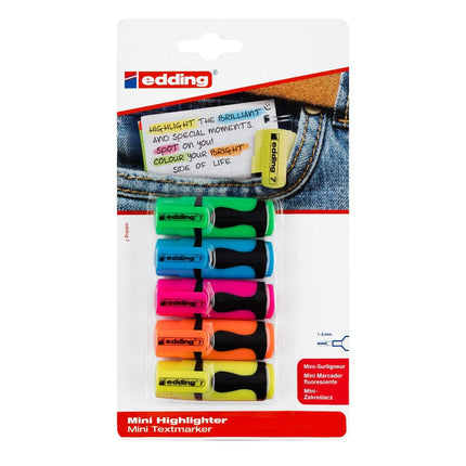 Set de 5 mini resaltadores Edding en colores neón con punta biselada y diseño compacto para apuntes y organización.