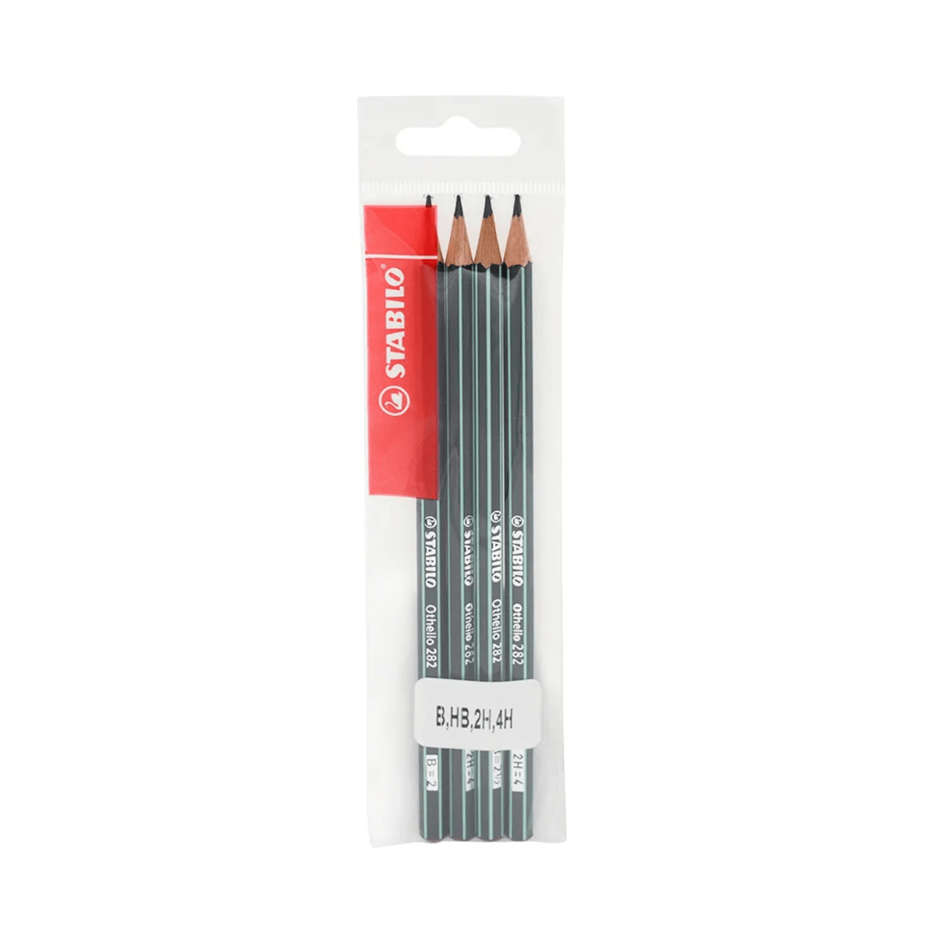 Set de cuatro lápices de dibujo Stabilo Othello 282/4OSC con graduaciones 2B, 4B, 6B y 8B, cuerpo hexagonal verde rayado y punta roja, sobre fondo blanco.