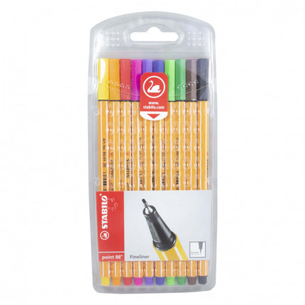 Estuche con 10 plumígrafos Stabilo Point 88 de 0.4 mm en colores: amarillo, naranja, rojo, rosa, violeta, azul oscuro, verde hoja, verde claro, marrón y negro, diseño hexagonal naranja.
