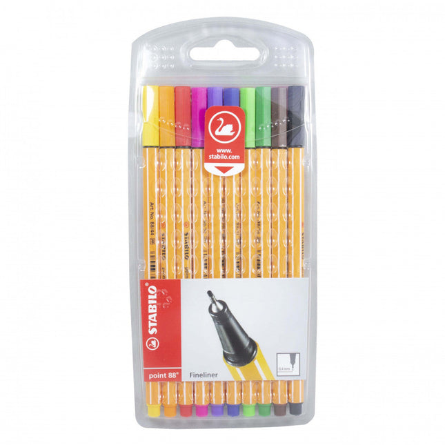 Estuche con 10 plumígrafos Stabilo Point 88 de 0.4 mm en colores: amarillo, naranja, rojo, rosa, violeta, azul oscuro, verde hoja, verde claro, marrón y negro, diseño hexagonal naranja.