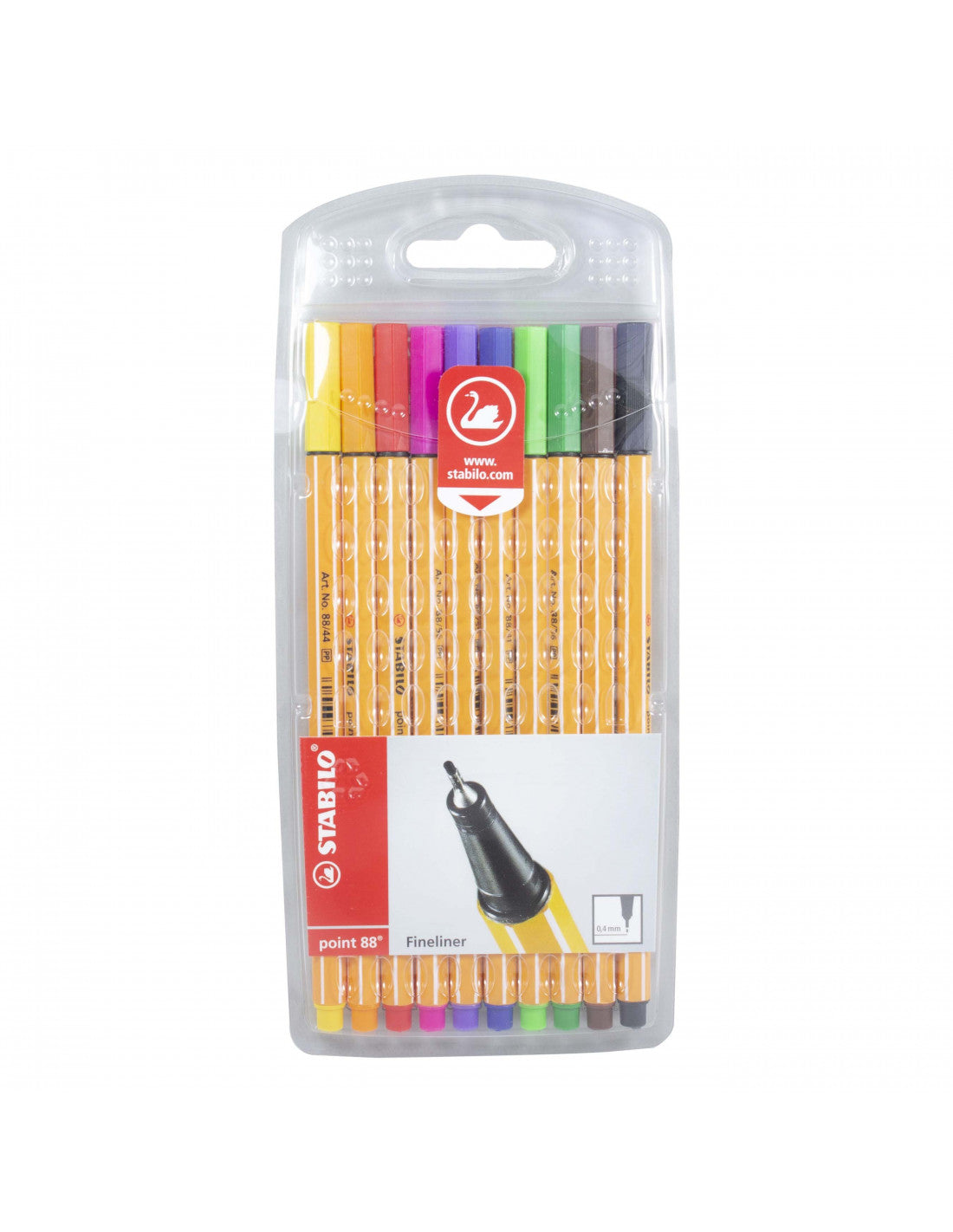 Estuche con 10 plumígrafos Stabilo Point 88 de 0.4 mm en colores: amarillo, naranja, rojo, rosa, violeta, azul oscuro, verde hoja, verde claro, marrón y negro, diseño hexagonal naranja.