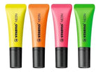 Resaltadores Stabilo Neon fluorescente en color rosa, naranja, verde y amarillo, diseño tubular y punta biselada, sobre fondo blanco.