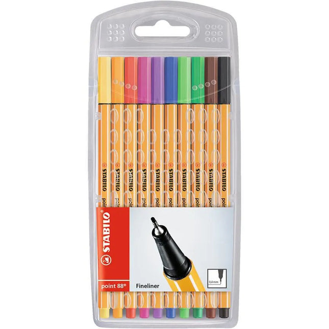 Estuche de 10 plumígrafos Stabilo Point 88 surtidos, punta fina 0.4 mm, cuerpo naranja con rayas blancas y tapa de colores.