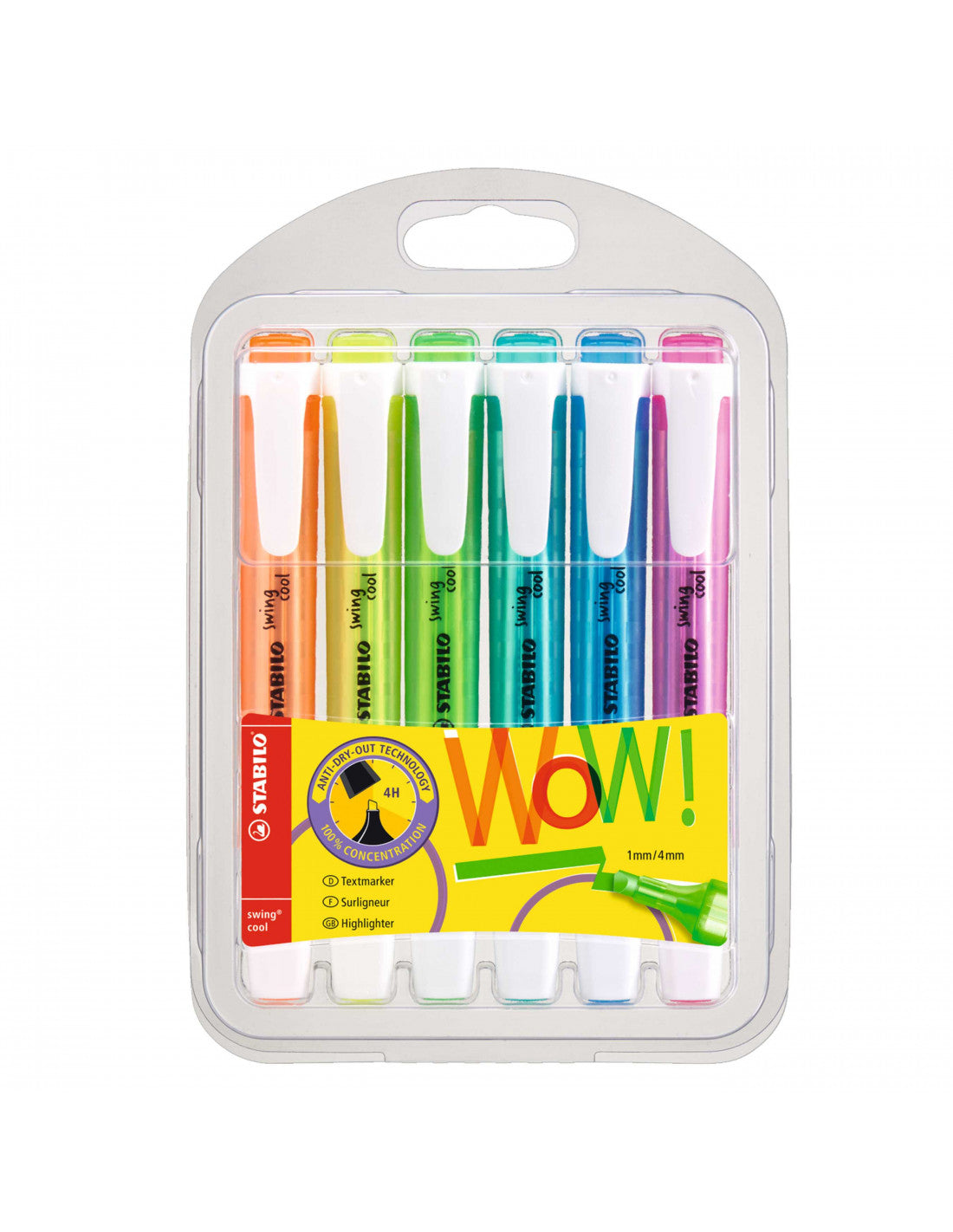 Set de resaltadores Stabilo Swing Cool 275/6-3, 6 colores fluorescentes, cuerpo plano con clip y punta biselada sobre fondo blanco.