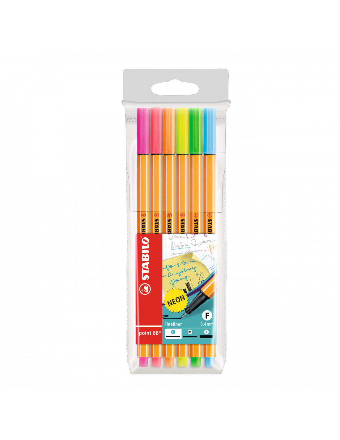 Plumígrafo Stabilo Point 88 set x6 colores neón, punta fina de 0.4 mm, cuerpo hexagonal con rayas y tapa ventilada sobre fondo blanco.