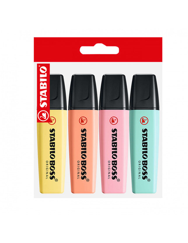 Set de 4 resaltadores Stabilo Boss Pastel en tonos amarillo, durazno, rosado y verde menta, con cuerpo ancho y tapa negra.