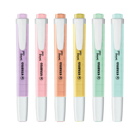 Resaltadores Stabilo Swing Cool Pastel diseño delgado con clip y punta biselada sobre fondo blanco.