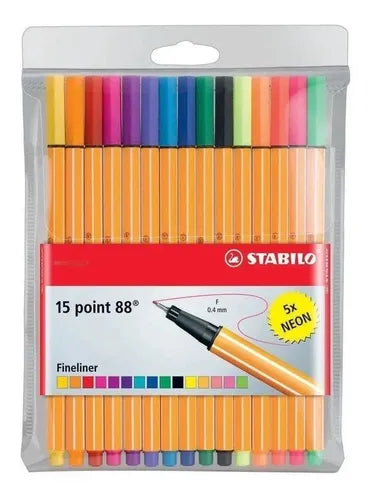 Estuche con 15 marcadores Stabilo Point Max fineliner surtidos de trazo 0.8 mm, cuerpo naranja clásico con tapa en diversos colores.