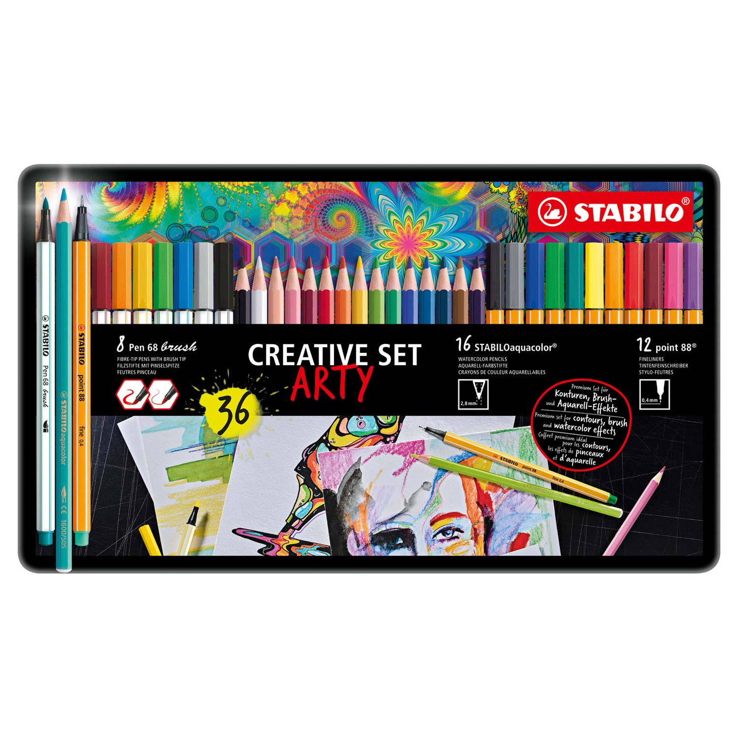 Estuche metálico Stabilo Creative Set Arty x36 pensando para creativos, con fineliners Point 88, brush pen Pen 68 y lápices acuarelables Stabiloaquacolor.