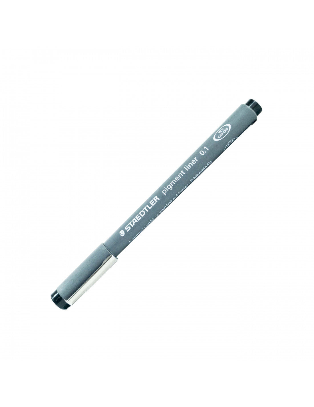 Rapidógrafo Staedtler negro 0.1 mm con punta metálica fina, cuerpo gris y capuchón, sobre papel de dibujo técnico.

