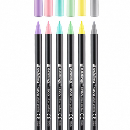 Set de 6 micropuntas Edding en colores pastel con punta fina de 0,5 mm, ideales para escritura y apuntes creativos.