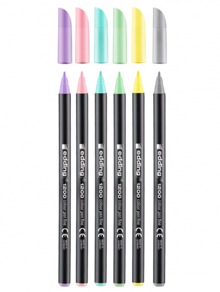 Set de 6 micropuntas Edding en colores pastel con punta fina de 0,5 mm, ideales para escritura y apuntes creativos.