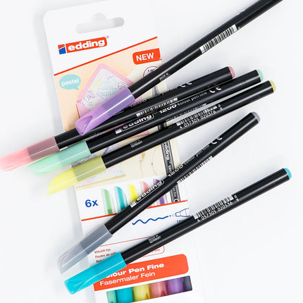 Set de 6 micropuntas Edding en colores pastel con punta fina de 0,5 mm, ideales para escritura y apuntes creativos.