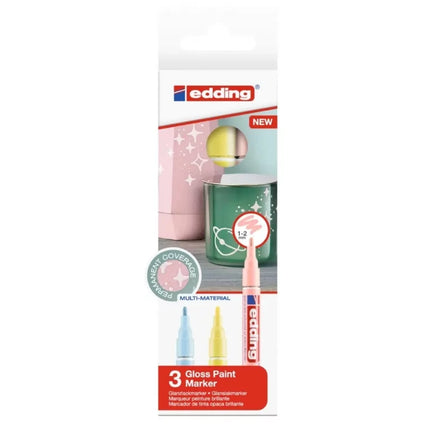 Set de 3 marcadores Edding tonos pastel con tinta brillante y punta media, ideales para apuntes creativos, lettering y manualidades.